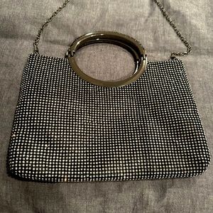 Black satin occasion clutch with rhinestones